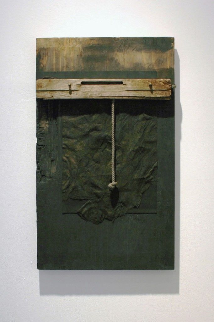 "Black Rope"  found object construction  30" x 18" x 3.25"  (wood, rope, fabric, paper, wire and water-based paint) 