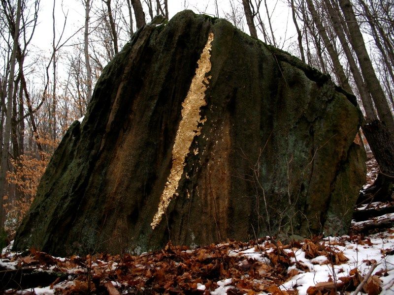 The Transfiguration, 2011  gold leaf on rock dimensions variable  This installation is from a series of work that is exploring the Transfiguration of Christ, using The Transfiguration by Raphael as my source.