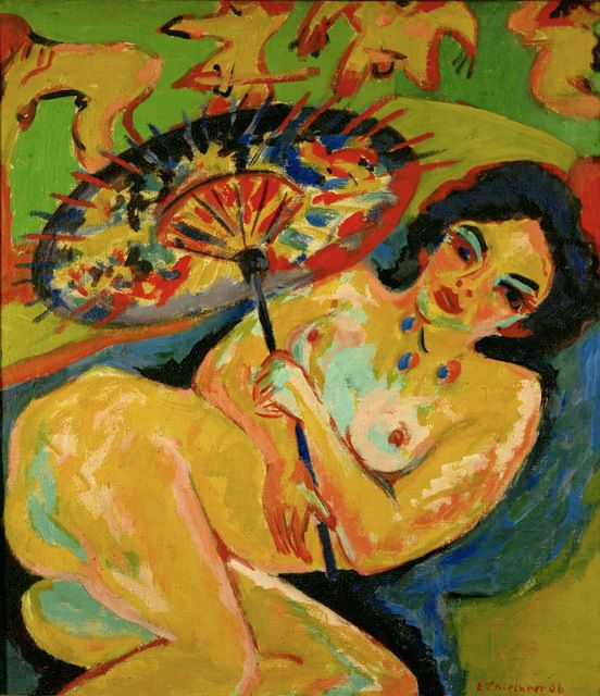 Ernst Ludwig Kirchner Mädchen unter Japanschirm (Girl under a Japanese Umbrella), 1909 Oil on canvas 36 1/5 × 31 1/2 in 92 × 80 cm Erich Lessing / Art Resource, New York