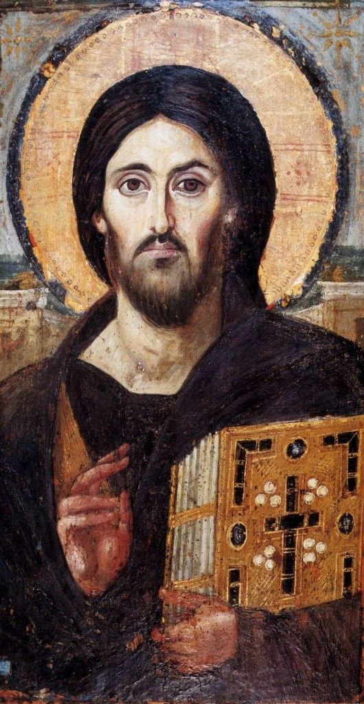 The oldest known icon of Christ Pantocrator, encaustic on panel (Saint Catherine's Monastery). The two different facial expressions on either side may emphasize Christ's two natures as fully God and fully human.