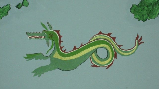 Map Dragon (Detail of 4’X6’ wall mural; plaster and acrylic), 2014.